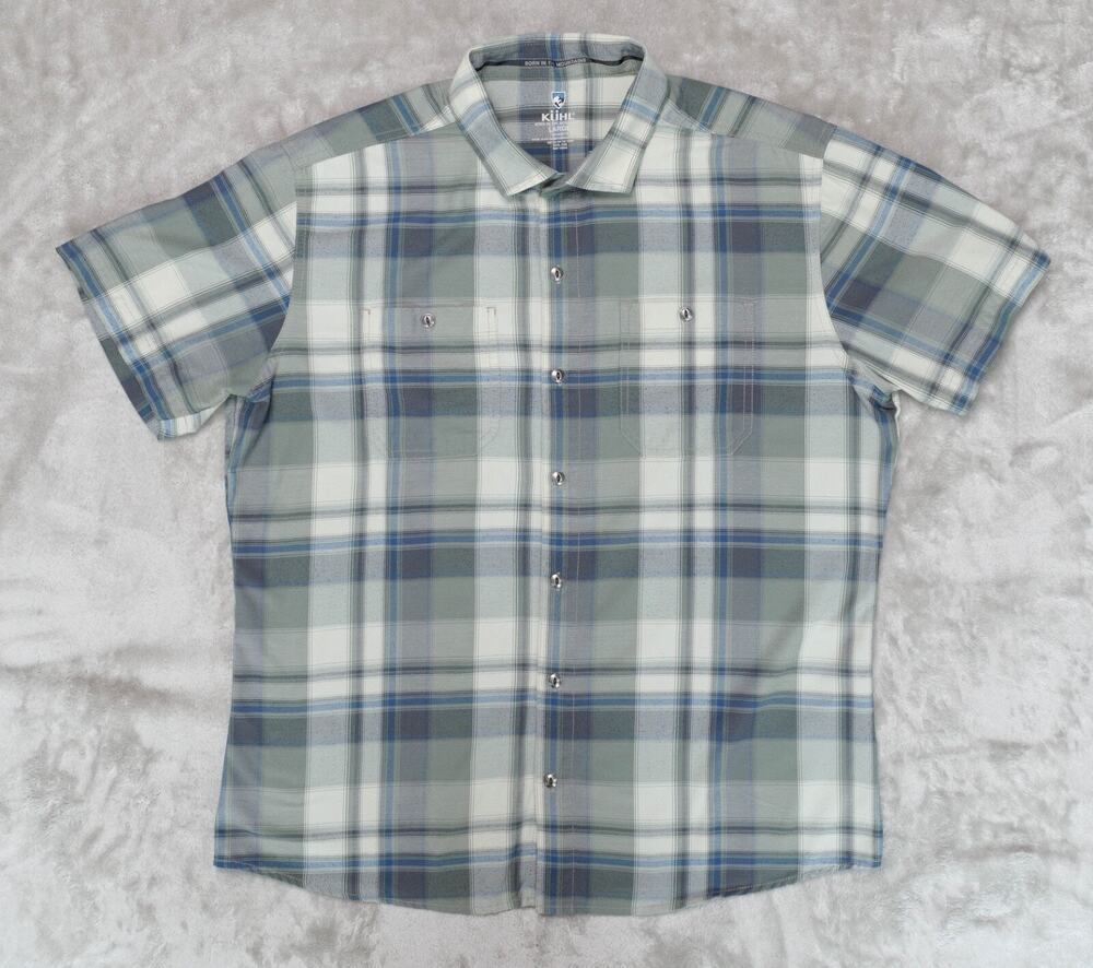 Kuhl Elixir Tapered Fit Short Sleeve Button Up Blue Green Plaid Shirt Mens L